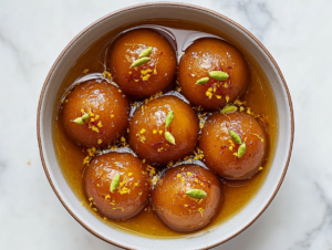 This image shows the dry ingredients being mixed together, including flour, milk powder, and baking soda, to form the base of the Gulab Jamun dough.