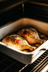 This image shows split chicken breast baking in the oven, developing a golden, crispy exterior while remaining juicy and tender inside.