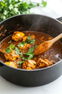 This image shows garam masala and freshly chopped coriander leaves being sprinkled over the chicken gravy, adding a final burst of aroma and freshness.