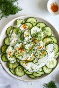 This image shows a dusting of vibrant red paprika over a creamy German cucumber salad, adding a final pop of color and subtle warmth to the dish.