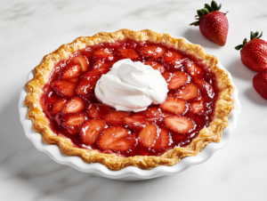 : A beautifully baked strawberry pie with a golden, crispy crust, filled with fresh strawberry pieces, and topped with a swirl of whipped cream.