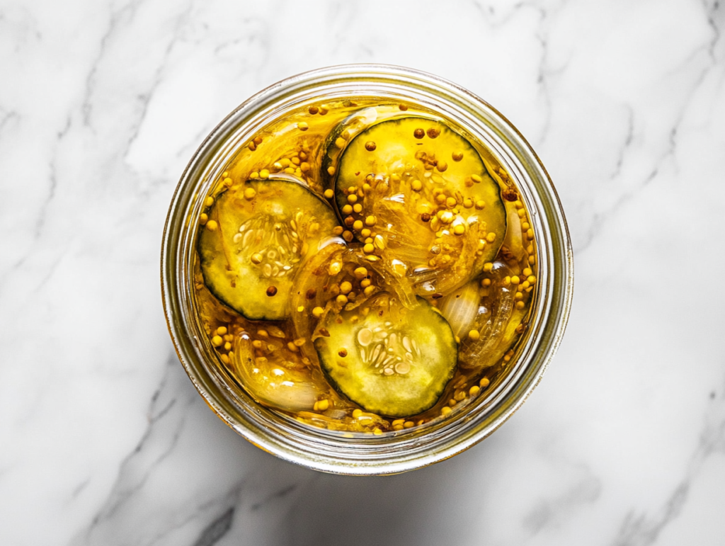 This image shows a glass jar filled with homemade sweet pickles, featuring sliced cucumbers and onions fully submerged in brine water, ready to develop their signature tangy-sweet flavor.