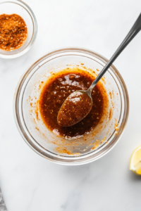 This image shows a small spoon scooping up a bit of the crab cake sauce as seasonings are adjusted to achieve the perfect balance of spice, tanginess, and richness.