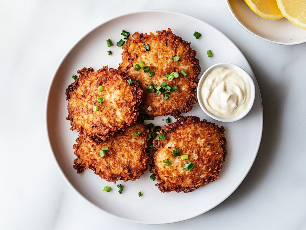 This image shows three perfectly round, golden-brown crab cakes with a crispy exterior, arranged on a simple white plate, highlighting their texture and rich color.