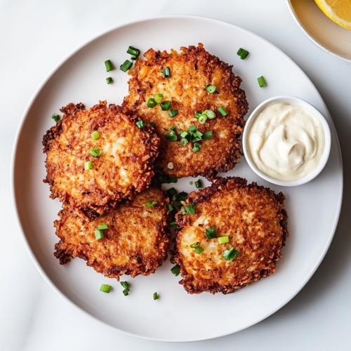 This image shows three perfectly round, golden-brown crab cakes with a crispy exterior, arranged on a simple white plate, highlighting their texture and rich color.