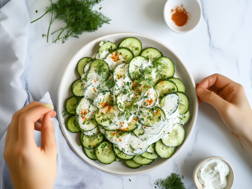 This image shows a creamy German cucumber salad garnished with fresh dill, parsley, and thinly sliced onions, served in a bowl with a tangy sour cream and vinegar dressing.