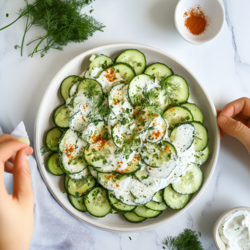 This image shows a creamy German cucumber salad garnished with fresh dill, parsley, and thinly sliced onions, served in a bowl with a tangy sour cream and vinegar dressing.