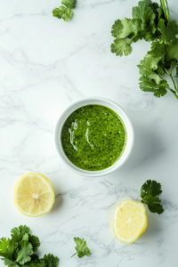 This image shows the smooth, blended green chutney being transferred from the food processor into a clean white bowl, ready to be served as a flavorful condiment.