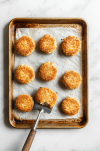 This image shows crab cakes being gently flipped halfway through the baking process to ensure an evenly crisped, golden brown exterior while maintaining their soft and flavorful interior.