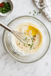 This image shows a mixing bowl with mayonnaise, mustard, and seasonings being whisked together to create the flavorful wet base that will help bind the crab cakes.