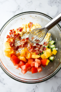 This image shows eggs being whisked together with various seasonings, forming the flavorful base for the breakfast muffin mixture that will be infused with vegetables.