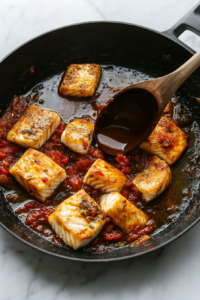 adding-fish-and-soaking-liquid-to-black-skillet-for-kerala-fish-curry