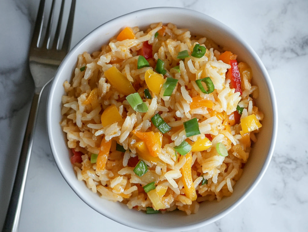 A vibrant bowl of Cajun rice, filled with rice, colorful veggies, and topped with freshly chopped green onions. A spoon rests in the dish, ready to serve this flavorful and aromatic meal.