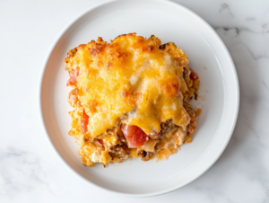 This image shows a hearty serving of cheesy taco hashbrown casserole on a white plate. The dish features layers of browned meat, crispy hashbrowns, diced tomatoes with green chiles, and a rich, melted cheese topping, making it a comforting and flavorful meal.