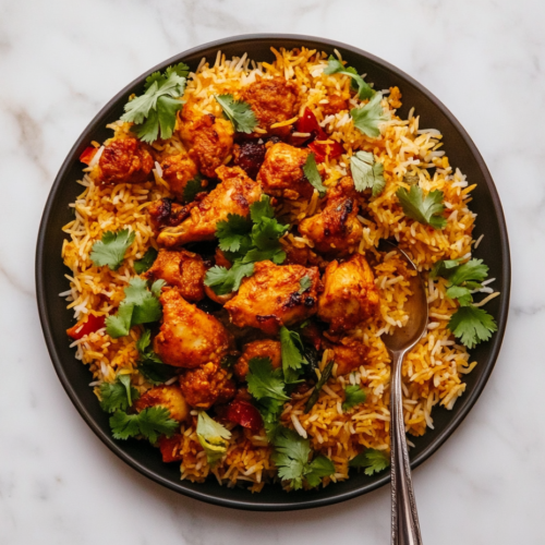 chicken-65-biryani-round-black-plate-flavored-roasted-chicken-cilantro-topped