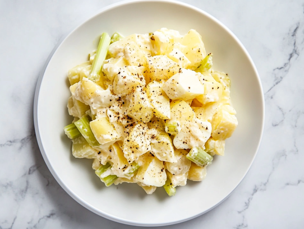 This image shows a bowl of No Onion Potato Salad, featuring tender potatoes, chopped eggs, crunchy celery, relish, and a creamy dressing made with mayonnaise, mustard, and seasonings.