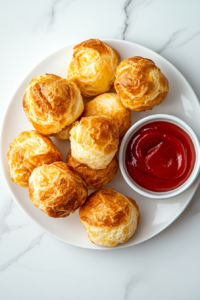 This image shows freshly baked egg puffs with a beautifully crisp golden-brown crust, served warm on a white round plate alongside a small bowl of ketchup for dipping.