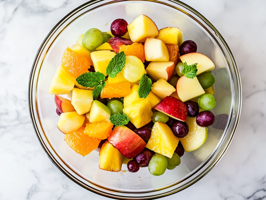 This image shows a vibrant fruit cocktail salad in a glass bowl, featuring a colorful mix of chopped pineapple, mandarin oranges, grapes, apples, and assorted berries. Fresh basil leaves are sprinkled on top, enhancing the flavor and presentation.