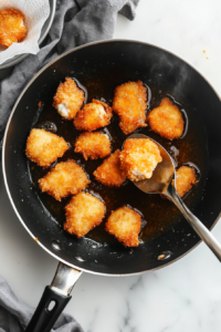 frying-chicken-black-pan-white-marble-countertop