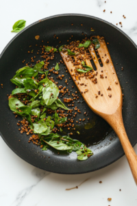 heating-oil-and-adding-spices-in-black-skillet-on-white-marble-countertop