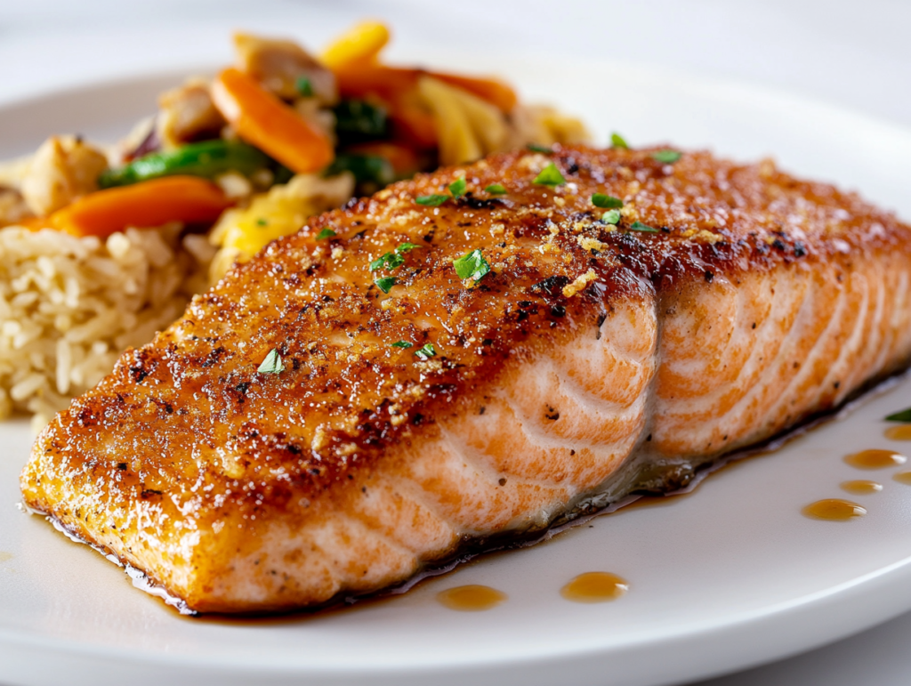 This image shows a perfectly seared Hibachi Salmon slice on a round white plate, coated in a savory glaze made of soy sauce, cooking wine, lemon juice, and black pepper. The sauce glistens on the surface, highlighting the rich flavors of the dish.