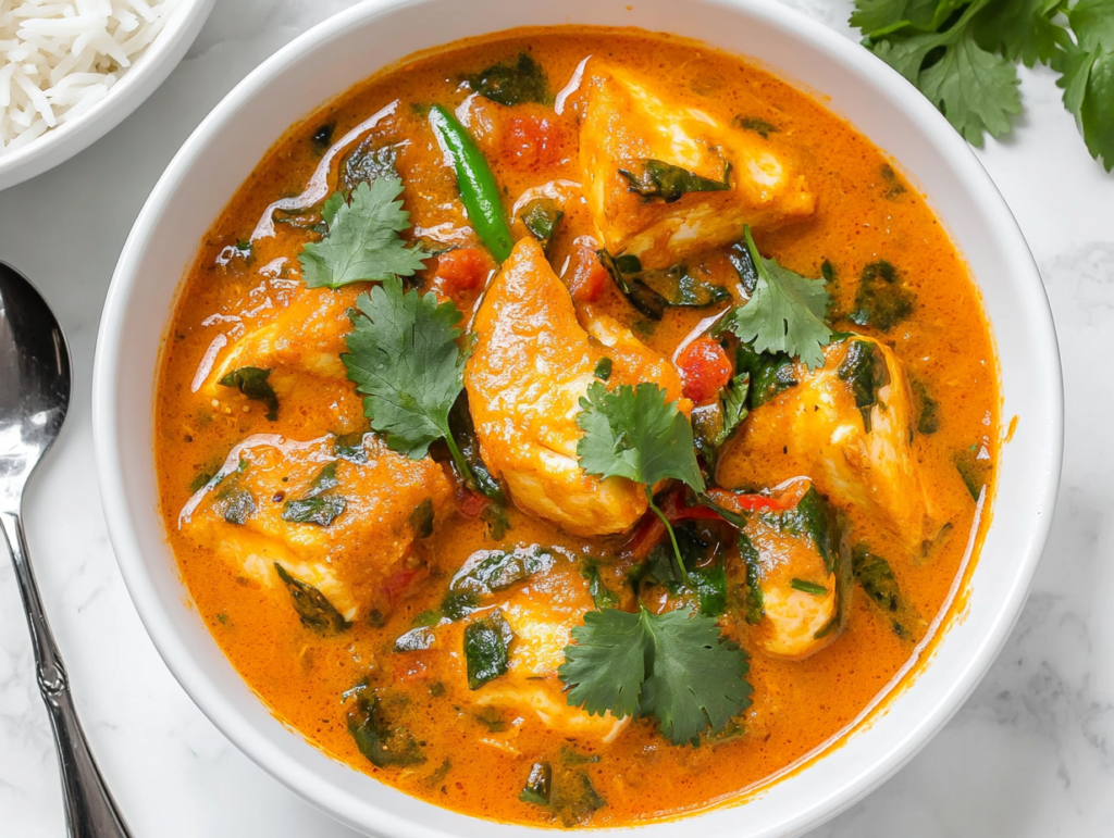 kerala-fish-curry-orange-yellow-curry-with-fish-pieces-green-chili-cilantro-and-soaking-kokum-or-tamarind