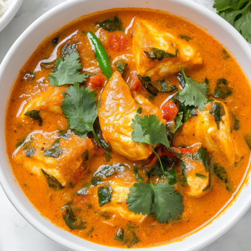 kerala-fish-curry-orange-yellow-curry-with-fish-pieces-green-chili-cilantro-and-soaking-kokum-or-tamarind