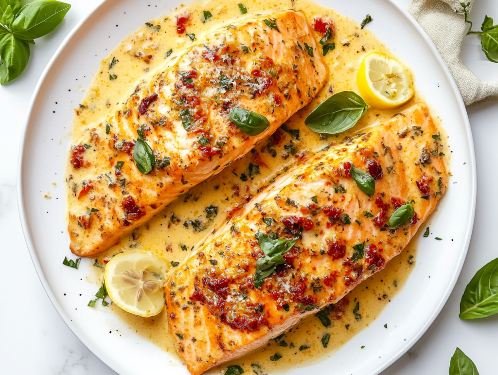 This image shows a beautifully plated Marry Me Salmon with a golden-browned exterior, coated in a rich, creamy garlic and sun-dried tomato sauce. Fresh basil leaves are sprinkled on top, and half-cut lemons are placed on the side for a vibrant, citrusy contrast.