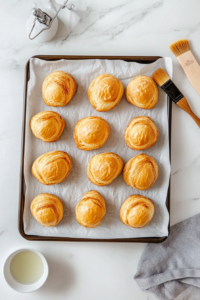 This image shows multiple egg puff pastries assembled and neatly arranged on a white marble countertop, ready to be brushed with egg wash before baking.