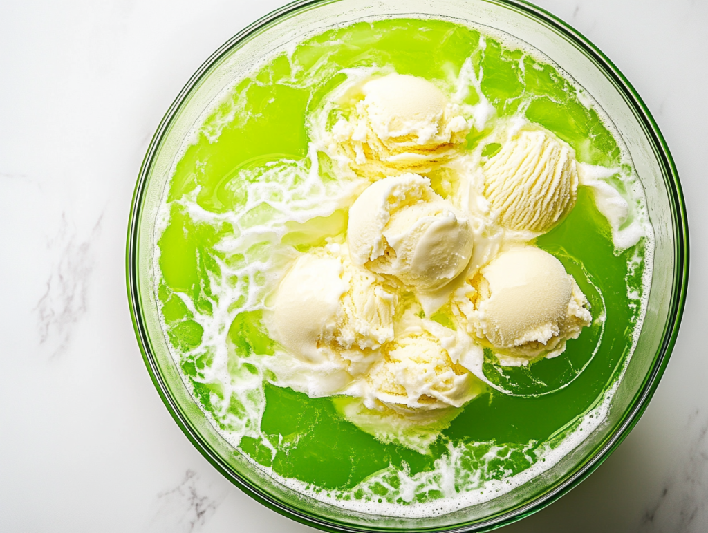 This image shows a vibrant green Potion Punch served in a glass, topped with a creamy scoop of vanilla ice cream. The drink has a mystical, bubbly appearance, making it perfect for themed parties and festive occasions.