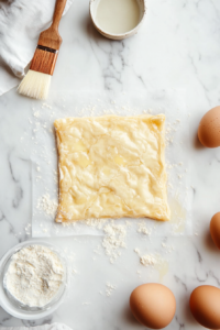 This image shows a puff pastry square carefully folded into a pocket, ensuring the egg and spiced onion filling is securely enclosed before baking.