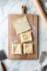 This image shows a wooden cutting board on a white marble surface with puff pastry sheets carefully cut into four equal squares, ready for assembling the egg puffs.