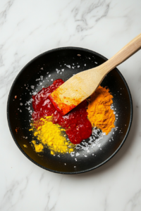 This image shows a flavorful onion mixture infused with turmeric, chili powder, garam masala, salt, and tomato ketchup simmering in a black frying pan, creating a rich and fragrant egg puff filling.