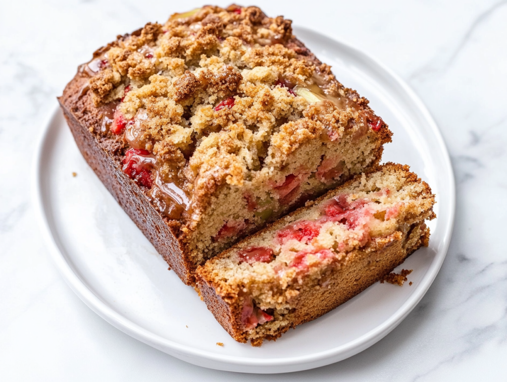 strawberry-rhubarb-bread-loaf-on-a-white-plate-with-a-slice-cut