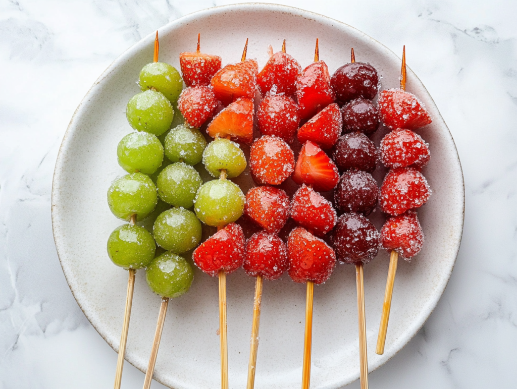 This image shows a plate of beautifully glossy Tanghulu, featuring sugar-coated strawberries and grapes on skewers. The hardened candy shell glistens under the light, giving the fruit a vibrant, jewel-like appearance.