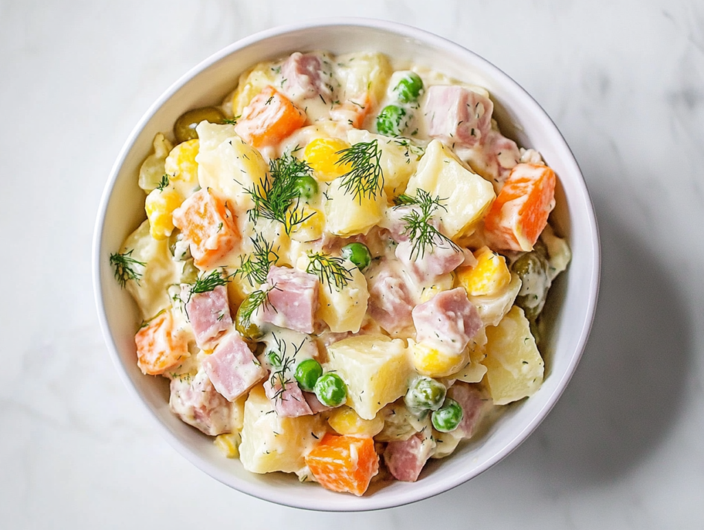 This image shows a bowl of No Onion Potato Salad resting in the fridge, allowing the flavors to meld before serving.